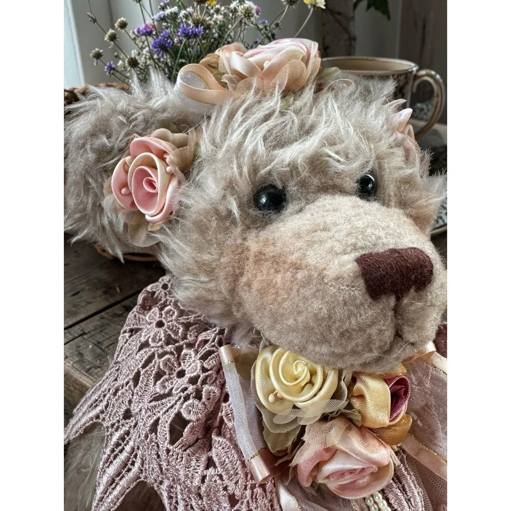 Vintage Plush Teddy Bear Doll W/Lace Dress & Floral Detail Cottagecore Aesthetic